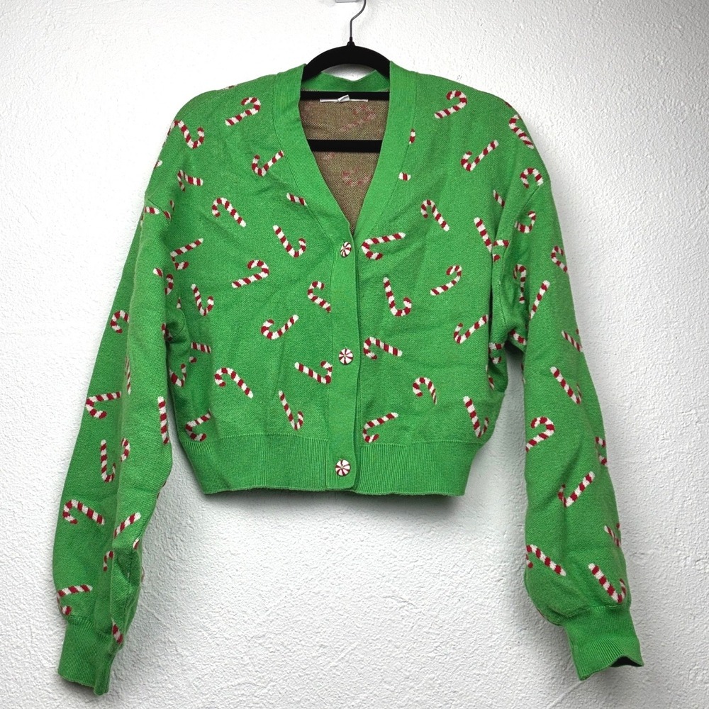 Grayson Threads Green Cardigan - XS - Candy Cane Print Cropped Holiday Sweater